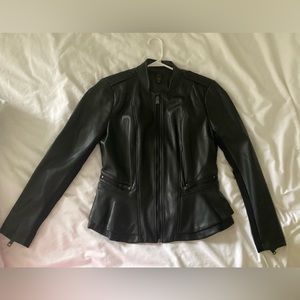 Woman’s Faux peplum leather jacket, new never worn plastic still on zipper